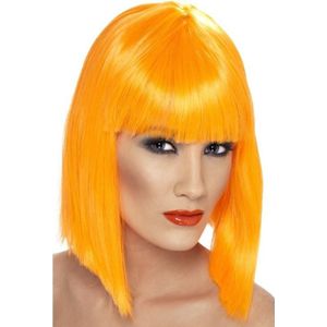 Neon oranje korte pruik met pony voor dames - Verkleedpruiken