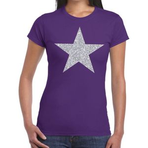 Toppers in concert Zilveren ster glitter t-shirt paars dames - Feestshirts