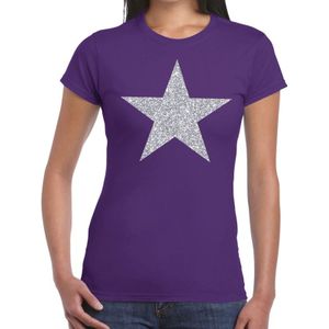 Zilveren ster glitter t-shirt paars dames - Feestshirts