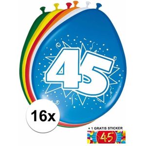 16 party ballonnen 45 jaar opdruk + sticker - Ballonnen