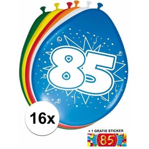 16 party ballonnen 85 jaar opdruk + sticker - Ballonnen