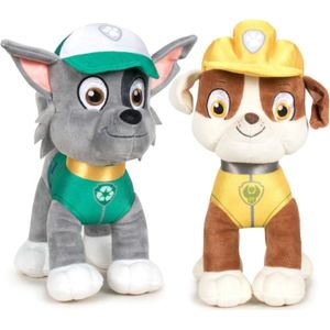 Paw Patrol figuren speelgoed knuffels set van 2x karakters Rocky en Rubble 19 cm - Knuffeldier