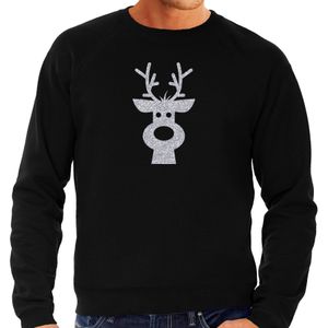 Rendier hoofd Kerst sweater / trui zwart voor heren met zilveren glitter bedrukking - kerst truien