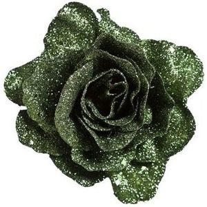 Roos met glitters groen op klem 10 cm - Feestdecoratievoorwerp