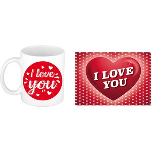 I love you cadeau mok / beker wit cirkel met hartjes 300 ml inclusief Valentijnskaart - Romantisch Valentijnsdag pakket