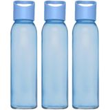 6x stuks glazen waterfles/drinkfles transparant blauw met schroefdop met handvat 500 ml - Drinkflessen