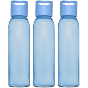 6x stuks glazen waterfles/drinkfles transparant blauw met schroefdop met handvat 500 ml - Drinkflessen