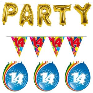 Verjaardag feestversiering 14 jaar PARTY letters en 16x ballonnen met 2x plastic vlaggetjes - Vlaggenlijnen