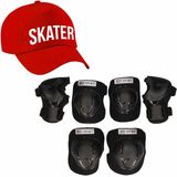 Set van valbescherming voor kinderen maat M / 6 tot 8 jaar met een stoere SKATER pet rood - Lichaamsbeschermers
