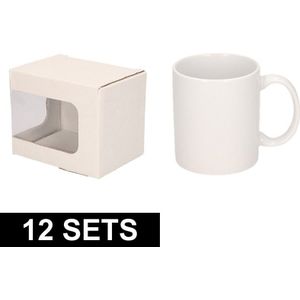 12x Set van onbedrukte witte koffie mokken 300 ml met kartonnen opbergdoosjes met venster 12 x 9 cm