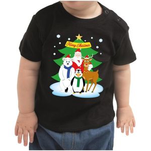 Kerstshirt Santa en dierenvriendjes zwart peuter jongen/meisje - kerst t-shirts kind