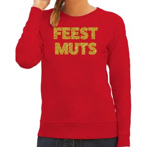 Foute kersttrui/sweater voor dames - feest muts - rood - glitter goud - feestkleding - kerst truien