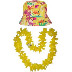 Tropische Hawaii party verkleedset - bucket hoedje - met bloemenslinger - volwassenen - summer - Verkleedhoofddeksels