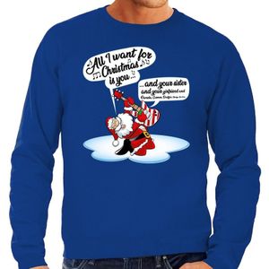 Grote maten blauwe foute kersttrui / sweater Kerstman die gitaar speelt en zingt voor heren - kerst truien