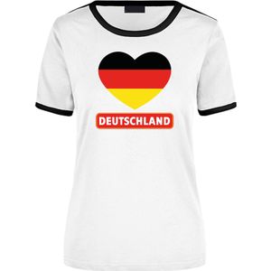 Deutschland wit/zwart ringer t-shirt Duitsland vlag in hart voor dames - Feestshirts