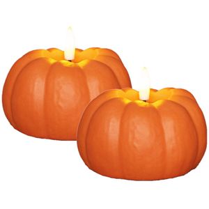Anna's Collection LED pompoen kaars - 2x st - oranje - D6 x H10 cm - met timer - LED kaarsen