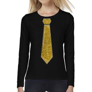 Verkleed shirt voor dames - stropdas goud - zwart - carnaval - foute party - longsleeve - Feestshirts