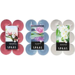 Candles by Spaas geurkaarsen - 36x stuks in 3 geuren Magnolia Flowers - Jasmin Spirit - Waterlilly