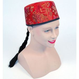 Chinees hoedje met vlecht - Verkleedhoofddeksels