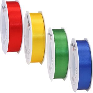 Satijn cadeau/hobby sierlinten 2,5cm x 25m- set 4x - rood/geel/groen/blauw - Cadeaulinten