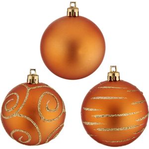 30x stuks gedecoreerde kerstballen oranje kunststof 6 cm - Kerstbal