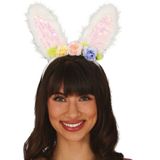 Verkleed diadeem paashaas/bunny oren met bloemen - 2x - wit - meisjes/dames - Carnaval - Verkleedhoofddeksels