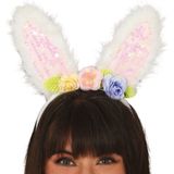 Verkleed diadeem paashaas/bunny oren met bloemen - 2x - wit - meisjes/dames - Carnaval - Verkleedhoofddeksels