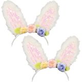 Verkleed diadeem paashaas/bunny oren met bloemen - 2x - wit - meisjes/dames - Carnaval - Verkleedhoofddeksels