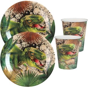 Dinosaurus thema feest wegwerp servies set - 20x bordjes / 20x bekers - groen - Feestpakketten