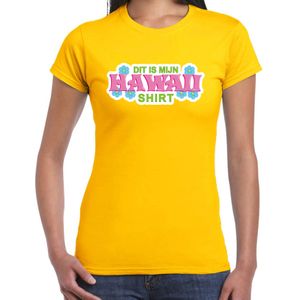 Hawaii shirt zomer t-shirt geel met roze letters voor dames - Feestshirts