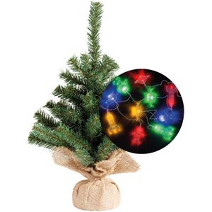 Mini kerstboompje - 35 cm - incl. ruimte/space thema lichtsnoer 165 cm - kunststof - Kunstkerstboom
