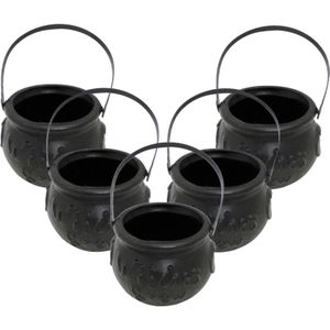 Set van 5x stuks kleine zwarte heksenketel/kookpot 15 cm - Feestdecoratievoorwerp