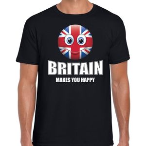 Britain makes you happy landen t-shirt Verenigd Koninkrijk zwart voor heren met emoticon - Feestshirts