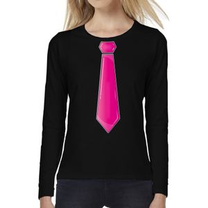 Verkleed shirt voor dames - stropdas roze - zwart - carnaval - foute party - longsleeve - Feestshirts