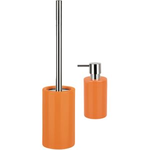 Spirella Badkamer accessoires set - WC-borstel/zeeppompje - porselein - oranje - Luxe uitstraling