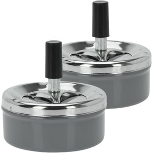 Set van 2x stuks druk en draai tafel asbak metaal antraciet en chrome 9 x 5 cm