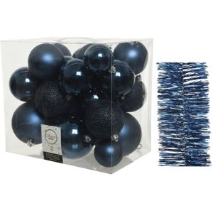 Kerstversiering kunststof kerstballen 6-8-10 cm met folieslingers pakket donkerblauw van 28x stuks - Kerstbal