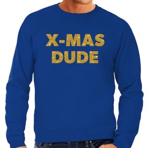 Blauwe foute kersttrui / sweater x-mas dude met gouden letters voor heren - kerst truien
