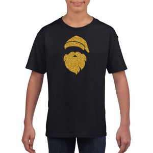 Kerstman hoofd Kerst t-shirt zwart voor kinderen met gouden glitter bedrukking - kerst t-shirts kind