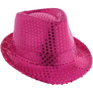 Carnaval verkleed Trilby hoedje met glitter pailletten - roze - polyester - heren/dames - Verkleedhoofddeksels