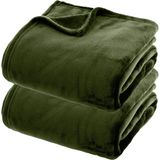 Atmosphera fleece dekens/fleeceplaids - 2x - donkergroen - 180x230 cm - polyester - Molton Bankdeken