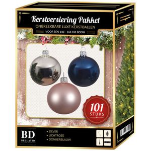 Luxe complete versiering set zilver-lichtroze-donkerblauw voor 150 cm Kerstboom - Kerstbal