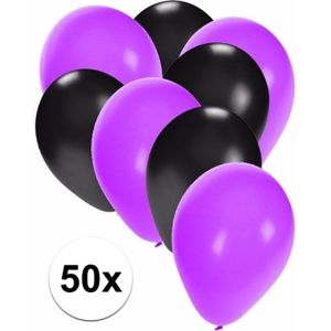 50x ballonnen - 27 cm -  paars / zwarte versiering - Ballonnen