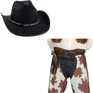 Cowboy hoed zwart met revolver/pistool in holster voor volwassenen - Verkleedhoofddeksels
