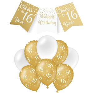 Paperdreams Luxe 16 jaar feestversiering set - Ballonnen &amp; vlaggenlijnen - wit/goud - Feestpakketten