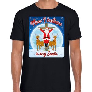 Zwart fout kerstshirt  / t-shirt now i believe in holy santa voor heren - kerst t-shirts