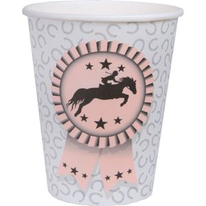 Feest wegwerp bekertjes - paarden - 10x stuks - 270 ml - lichtgrijs/roze - karton - Feestbekertjes