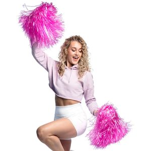 Cheerballs/pompoms - 2x - roze - met franjes en ring handgreep - 28 cm - Verkleedattributen