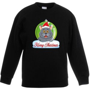 Kersttrui Merry Christmas grijze kat / poes kerstbal zwart kinde - kerst truien kind