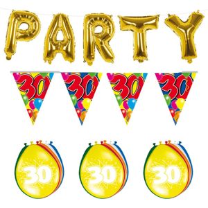 Verjaardag feestversiering 30 jaar PARTY letters en 16x ballonnen met 2x plastic vlaggetjes - Vlaggenlijnen